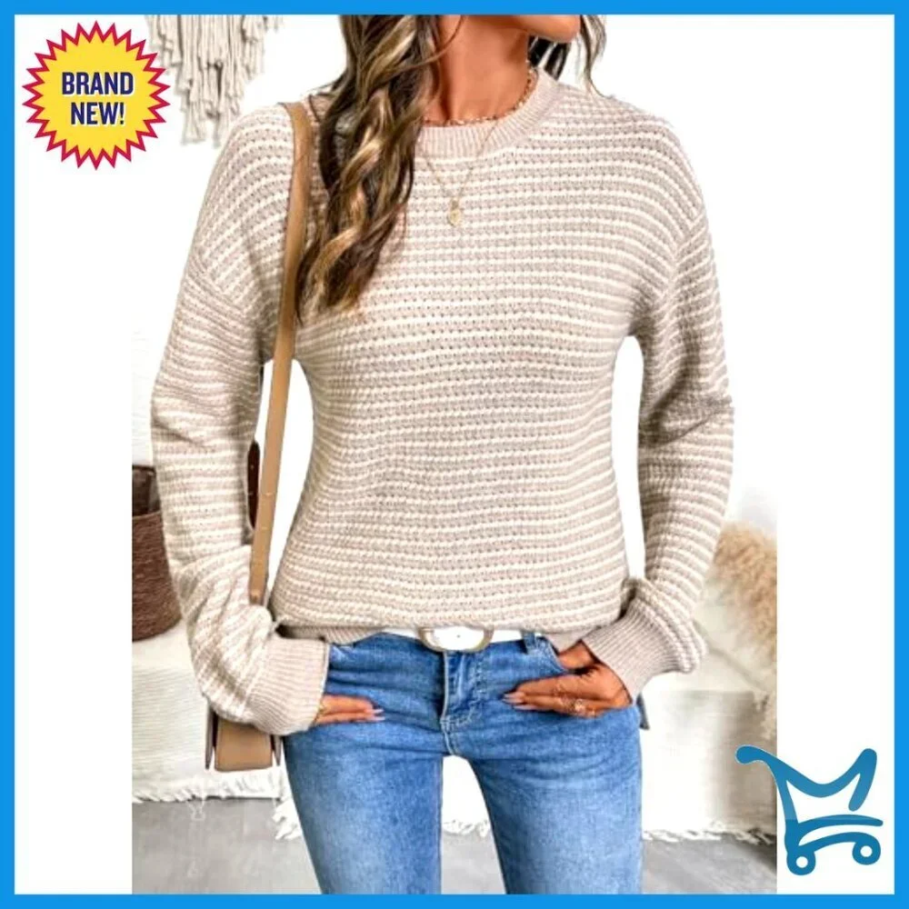 Long Sleeve Crewneck Striped Pullover Sweater Side Split Y2K Chic Casual